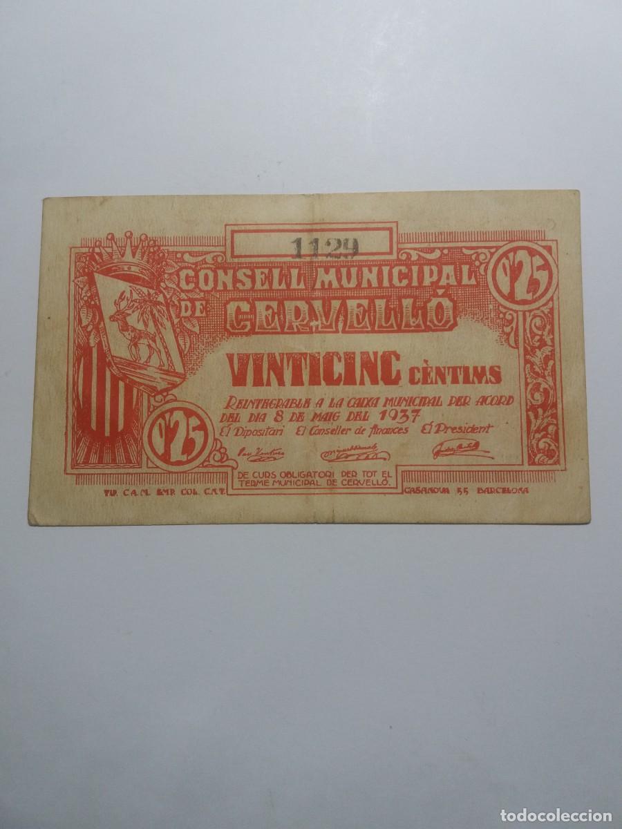Billetes locales: Billete 25 C&egrave;ntims Consell Municipal CERVELL&Oacute; 8 Maig 1937