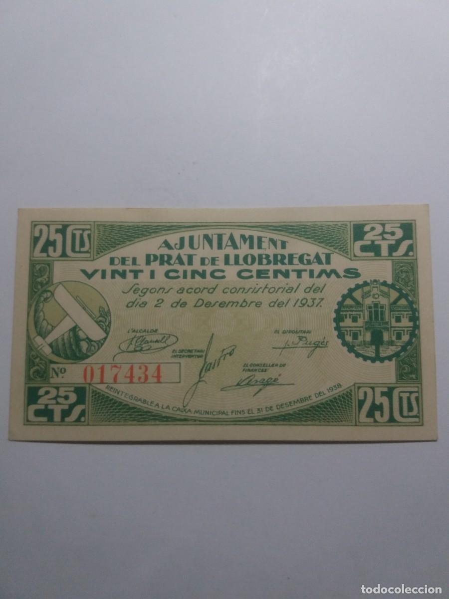 Billetes locales: Billete 25 C&egrave;ntims Ajuntament PRAT de LLOBREGAT 2 Desembre 1937