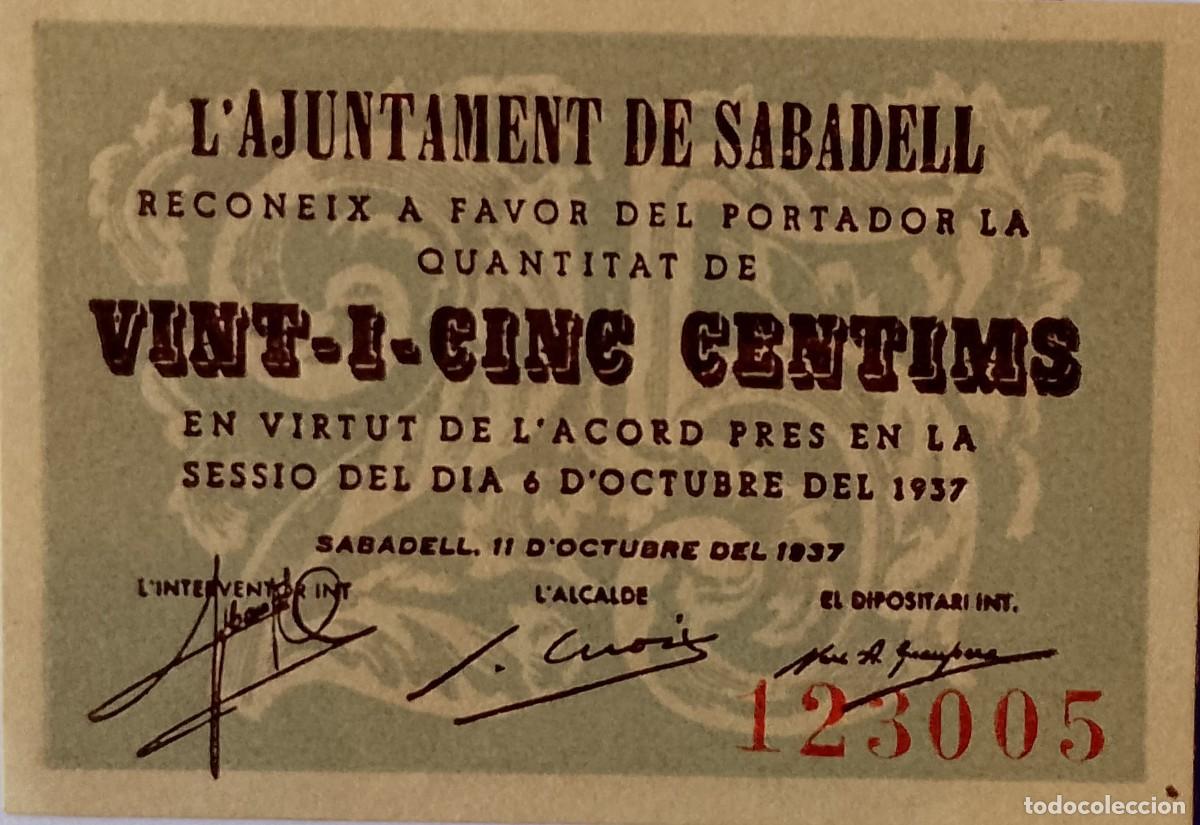 Billetes locales: BILLETE LOCAL DE 25 CENTIMOS SABADELL 1937 GUERRA CIVL