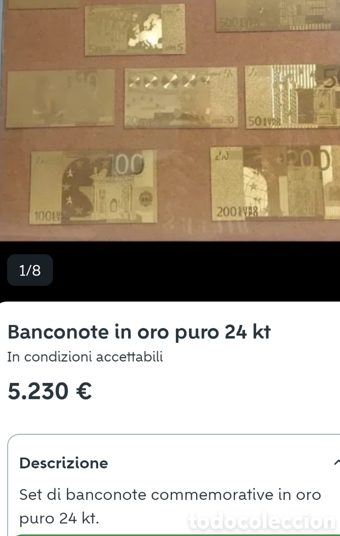 Billetes locales: Set di Banconote Euro in oro giallo massiccio laminato 24 Kt. (999%)