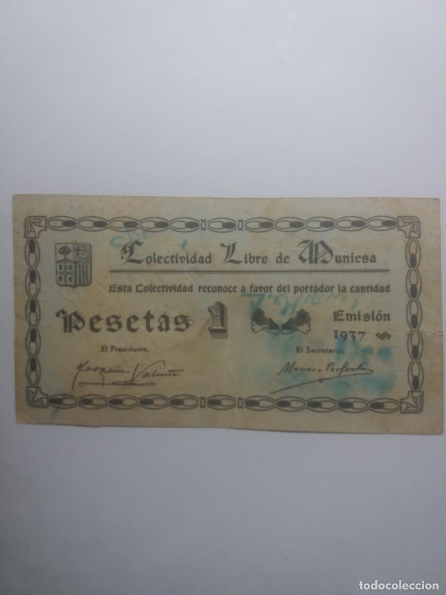 Billetes locales: Billete 1 Pesseta Colectividad Libre MUNIESA Emisi&oacute;n 1937