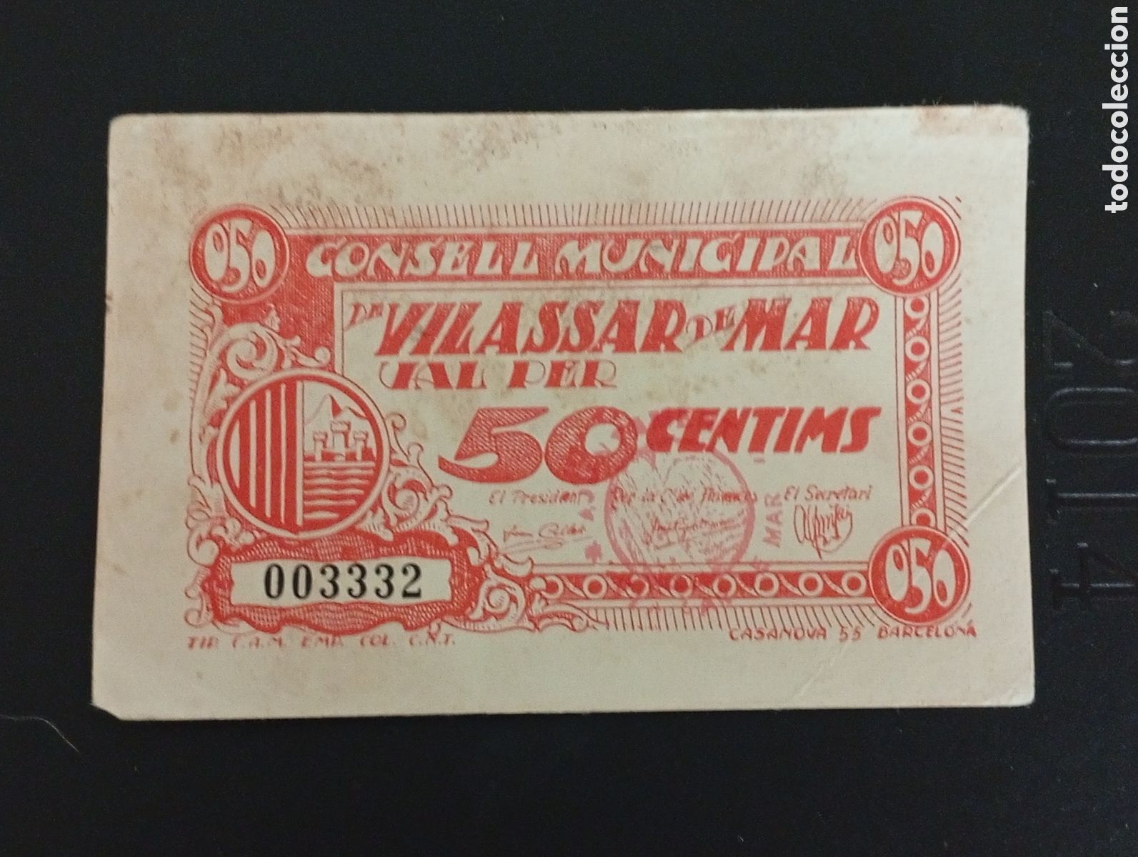 Banconote locali: Billete de 50 c&egrave;ntims Vilassar de Mar 1937 guerra civil Barcelona