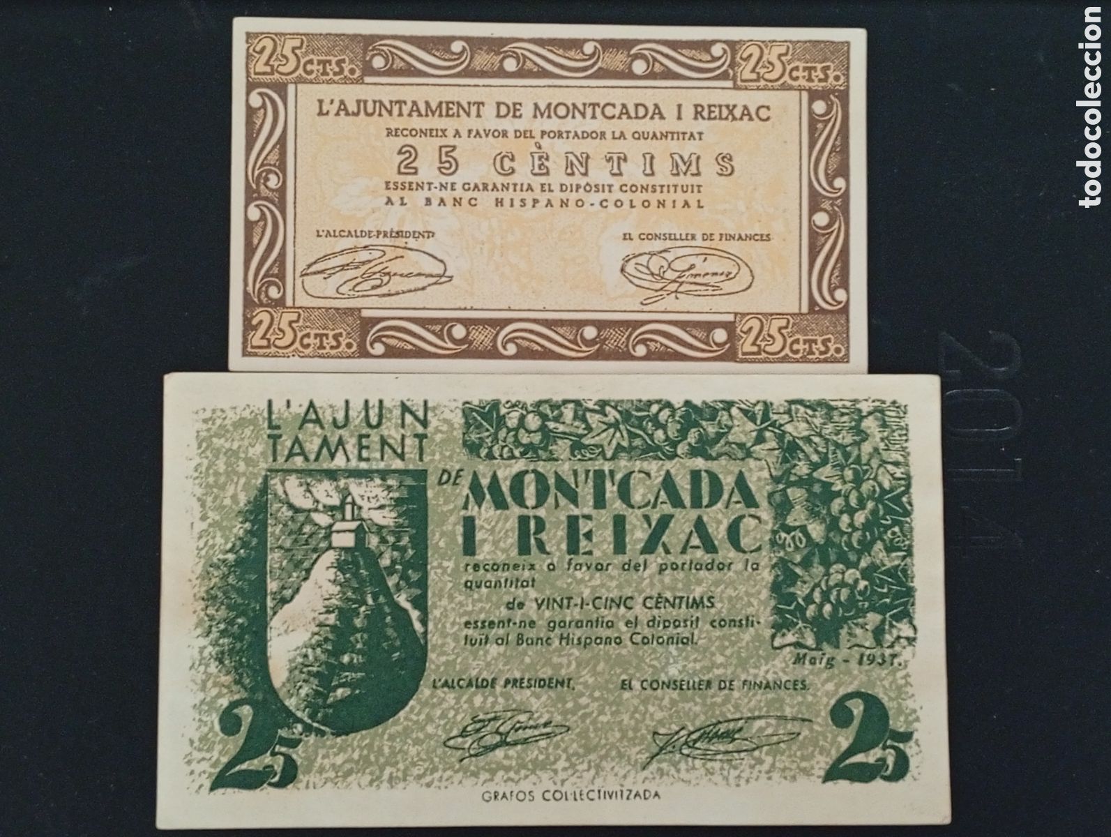 Billetes locales: Conjunto de 2 billetes de Sitges 25 cents 1937 Barcelona