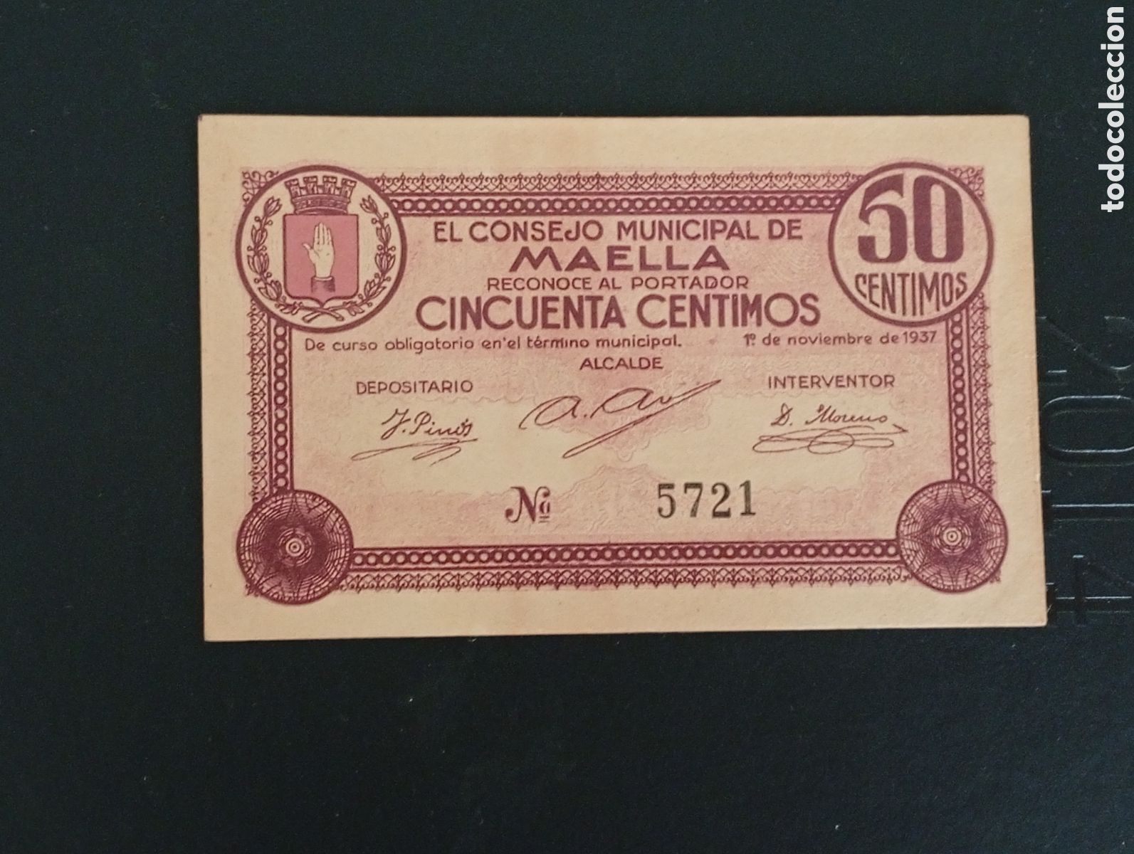 Billetes locales: Billete de 50 c&egrave;ntimos Maella Teruel 1937