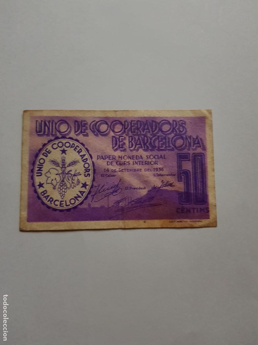 Billetes locales: UNIO DE COOPERADORS DE BARCELONA-50 CENTIMOS-14 DE SETIEMBRE DE 1936