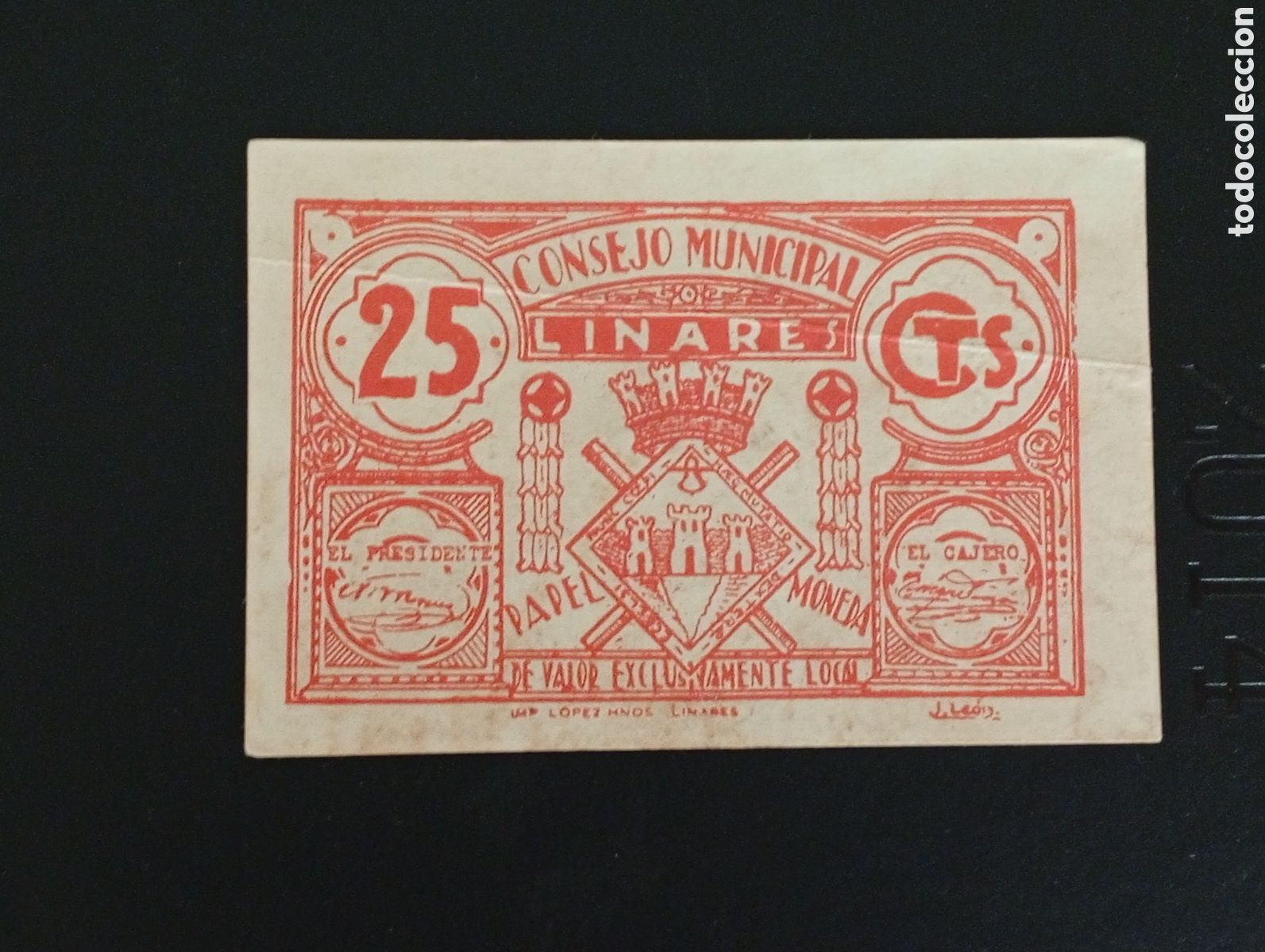 Billetes locales: Billete de 25 c&egrave;ntimos Linares Ja&eacute;n 1937 guerra civil