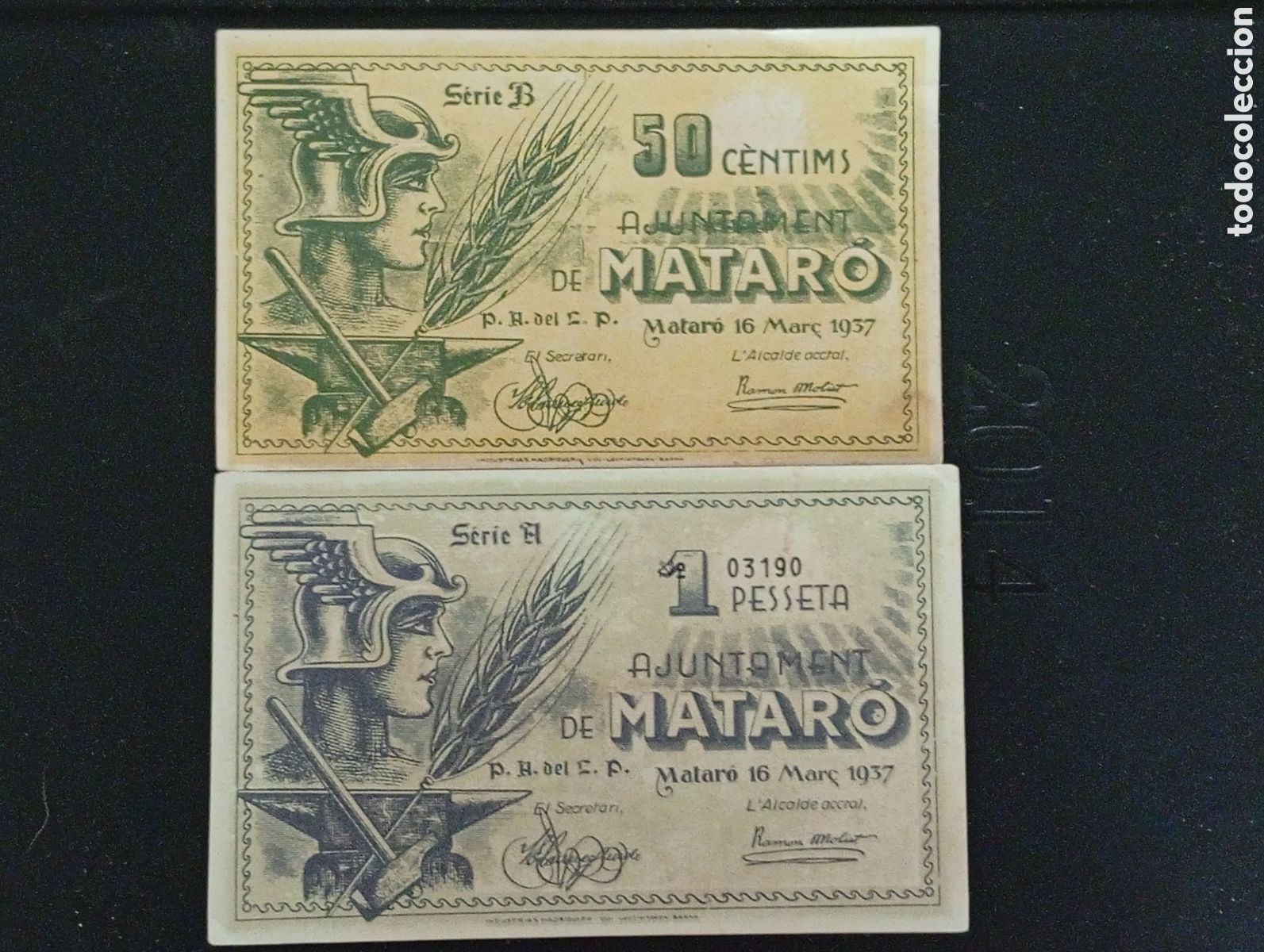 Billetes locales: Conjunto de 2 billetes Matar&oacute; 1937 Barcelona