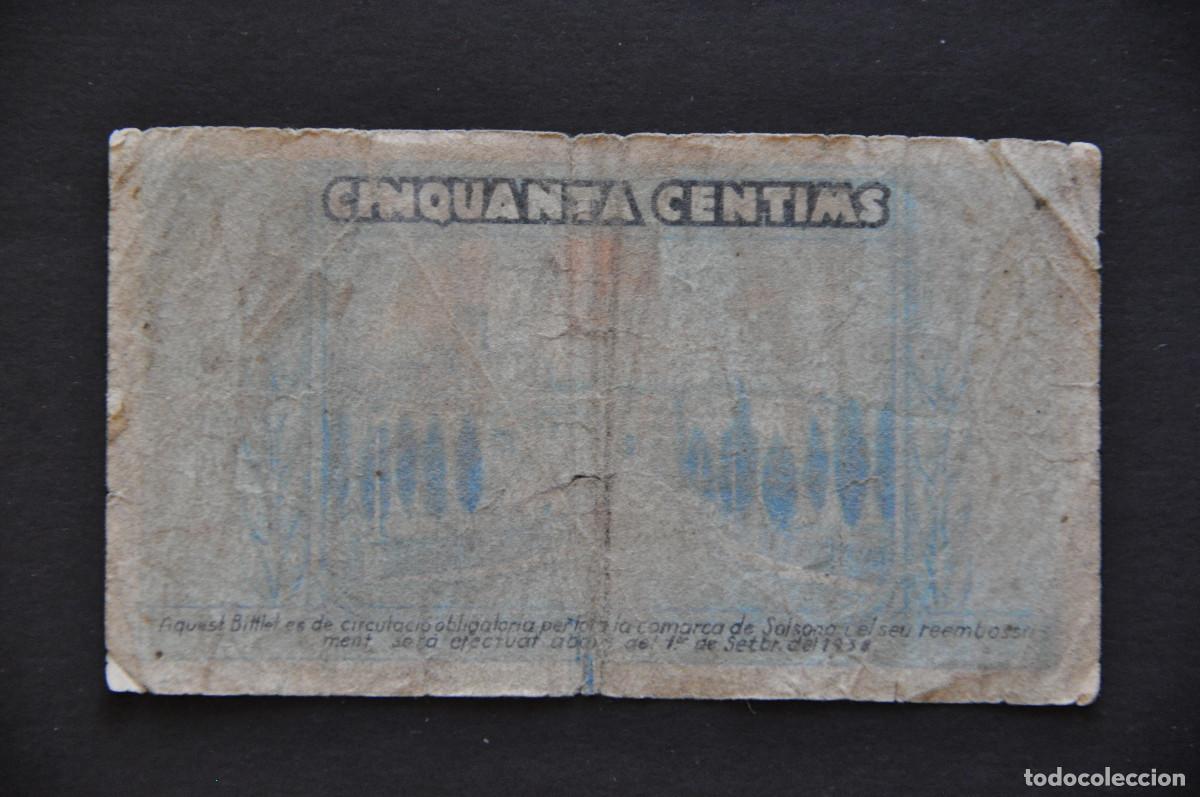 Billetes locales: AYUNTAMIENTO DE SOLSONA - 50 CENTIMS 1937 - Foto 2