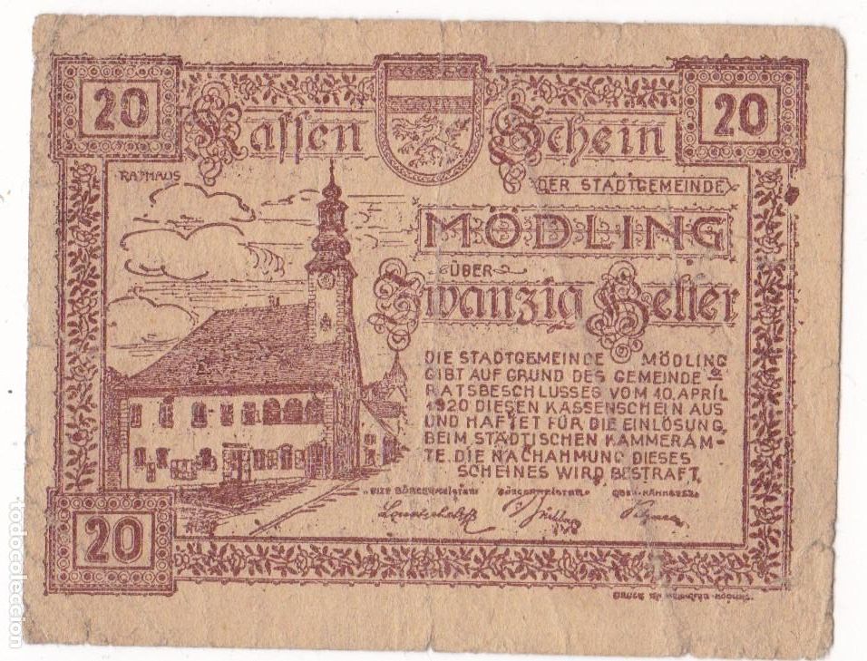 Billetes locales: F6-42- Billete Local 20 Heller 1920