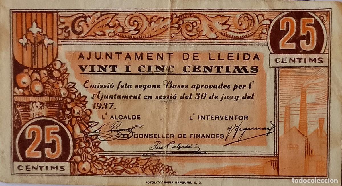 Billetes locales: BILLETE LOCAL DE 25 CENTIMOS DE LLEIDA - Foto 1