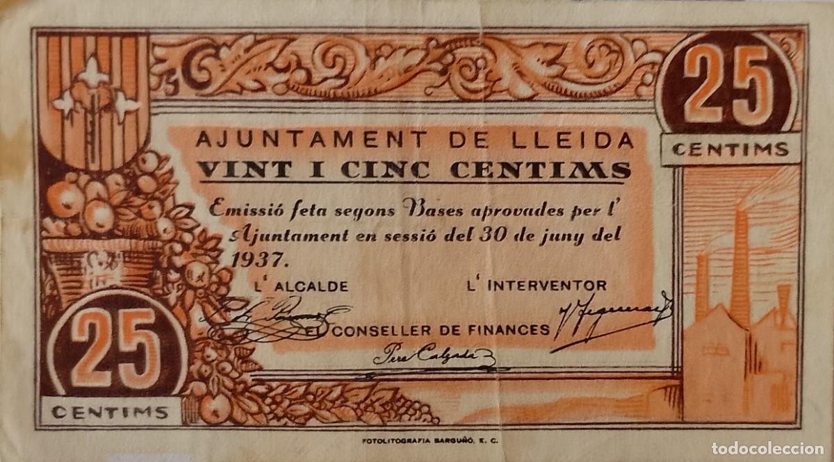 Billetes locales: BILLETE LOCAL DE 25 CENTIMOS DE LLEIDA - Foto 1