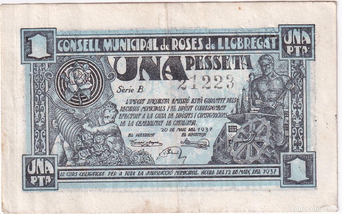 Billets locaux: BILLETE DE 1 PESETA CONSELL MUNICIPAL DE ROSES DEL LLOBREGAT N&ordm; NEGRO A&Ntilde;O 1937 - ST. FELIU LLOBREGAT