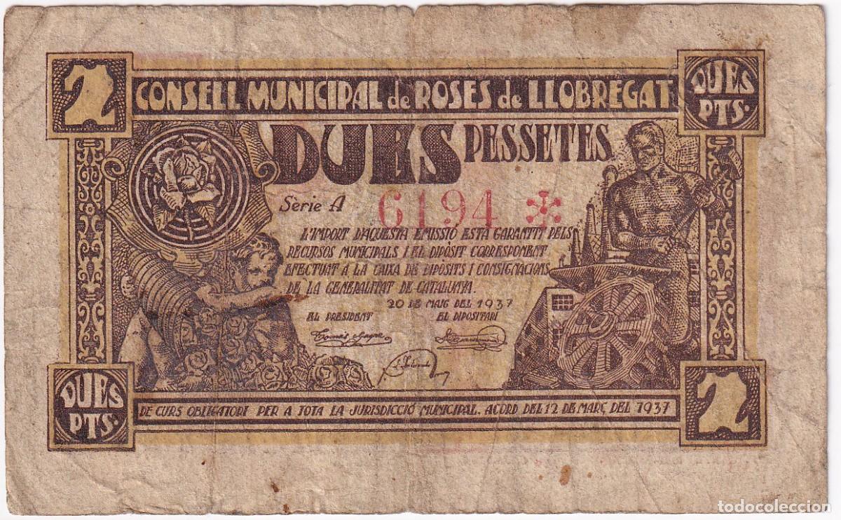 Lokale Banknoten: BILLETE DE 2 PESETAS CONSELL MUNICIPAL DE ROSES DEL LLOBREGAT DEL A&Ntilde;O 1937 - ST. FELIU LLOBREGAT