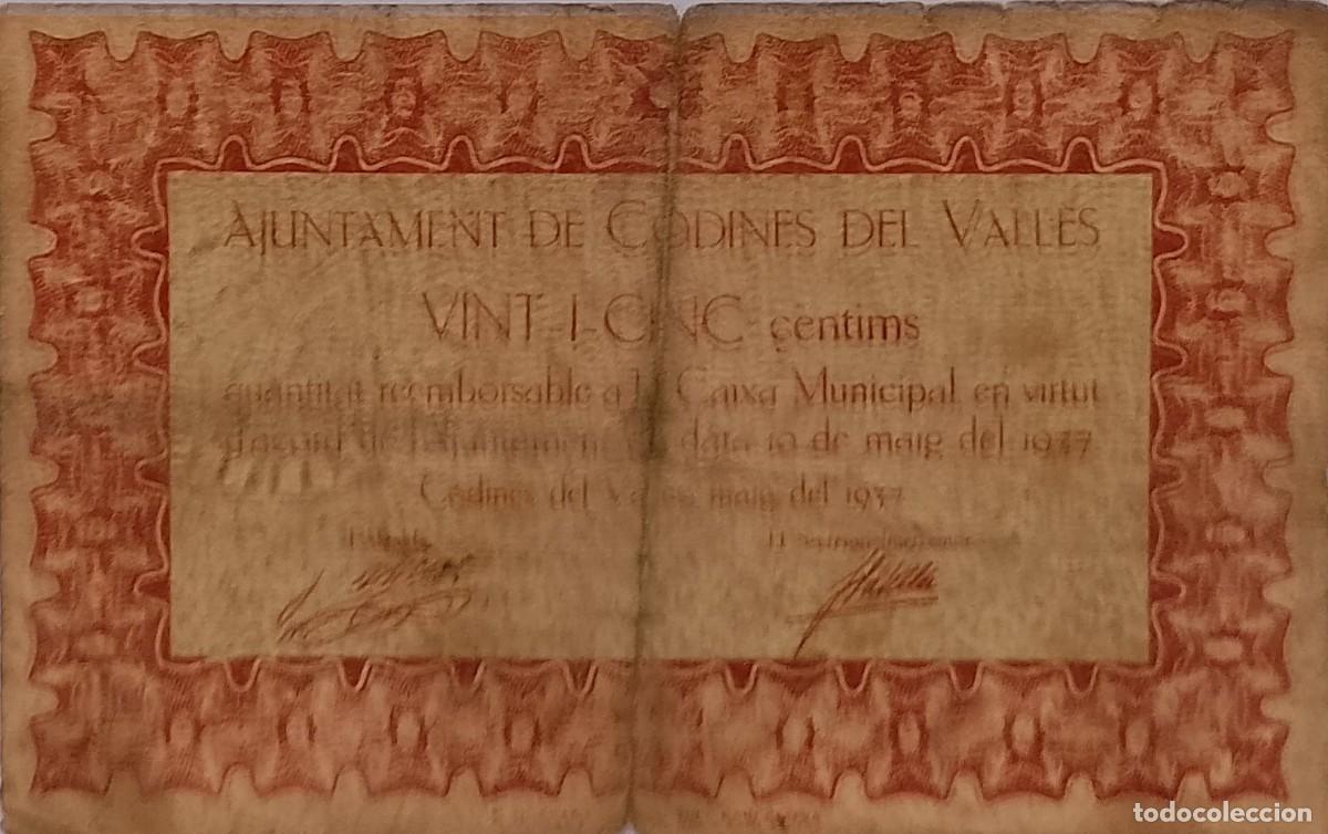 Billetes locales: BILLETE LOCAL DE 25 CENTIMOS CODINES DEL VALLES 1937 GUERRA CIVIL