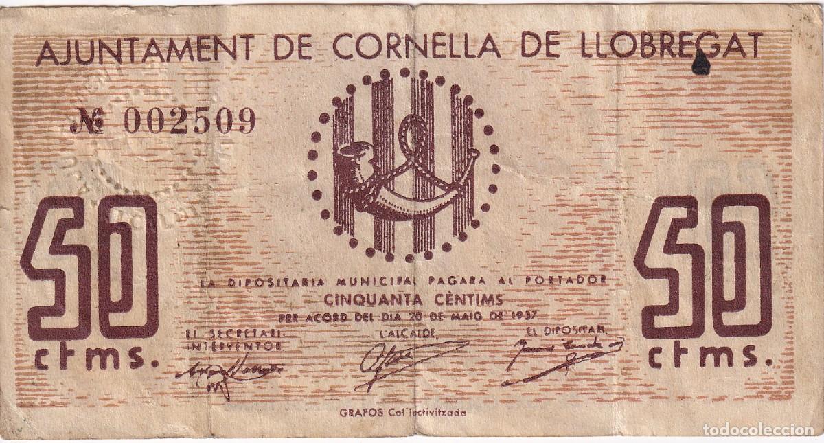 Banconote locali: BILLETE DE 50 CENTIMOS DEL AJUNTAMENT DE CORNELLA DE LLOBREGAT DEL A&Ntilde;O 1937 (SELLO SECO)