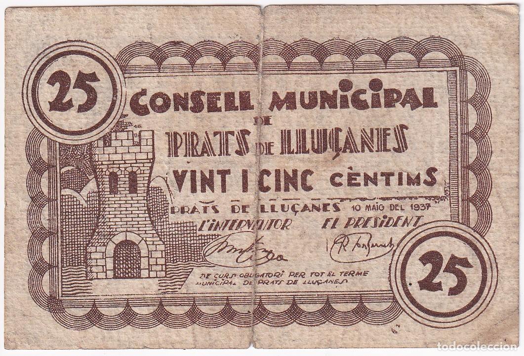 Notas locais: BILLETE DE 25 CENTIMOS DEL CONSELL MUNICIPAL DE PRATS DE LLU&Ccedil;ANES DEL A&Ntilde;O 1937