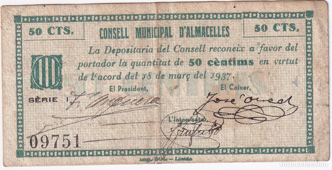 Banconote locali: BILLETE DE 50 CENTIMOS DEL CONSELL MUNICIPAL DE ALMACELLES A&Ntilde;O 1937