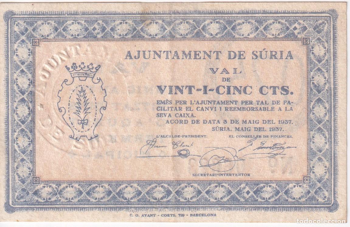 Billets locaux: BILLETE DE 25 CENTIMOS DEL AJUNTAMENT DE SURIA DEL A&Ntilde;O 1937 EN CALIDAD EBC
