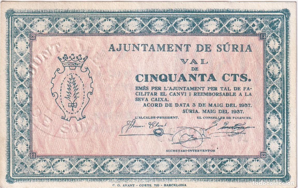 Notas locais: BILLETE DE 50 CENTIMOS DEL AJUNTAMENT DE SURIA DEL A&Ntilde;O 1937 EN CALIDAD EBC