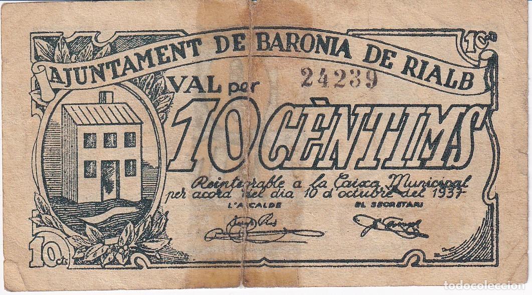Notas locais: BILLETE DE 10 CENTIMOS DEL AJUNTAMENT DE BARONIA DE RIALB DEL A&Ntilde;O 1937