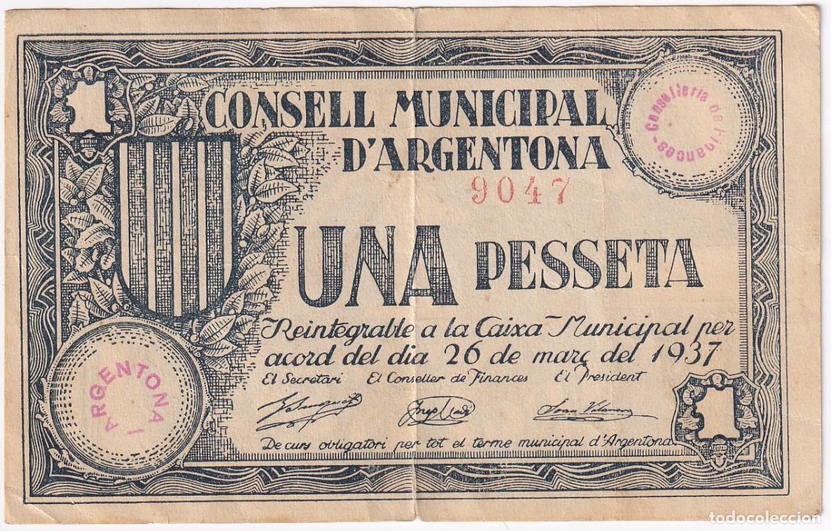 Notas locais: BILLETE DE 1 PESETA DEL CONSELL MUNICIPAL DE ARGENTONA DEL A&Ntilde;O 1937
