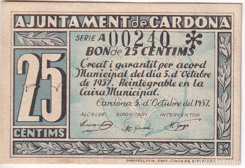 Notas locais: BILLETE DE 25 CENTIMOS DEL AJUNTAMENT DE CARDONA DEL A&Ntilde;O 1937 SIN CIRCULAR (SC)