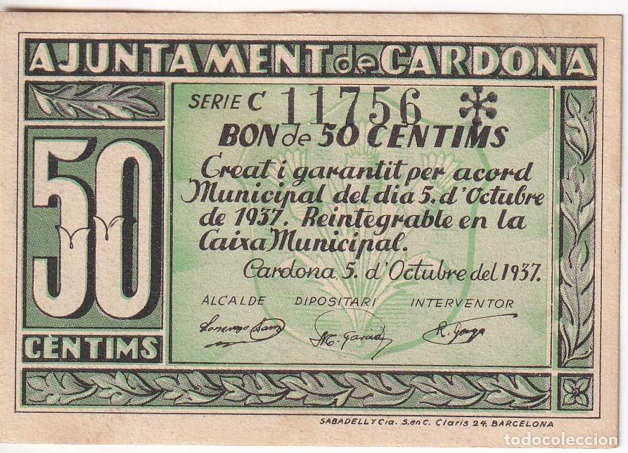 Banconote locali: BILLETE DE 50 CENTIMOS DEL AJUNTAMENT DE CARDONA DEL A&Ntilde;O 1937 SIN CIRCULAR (SC)