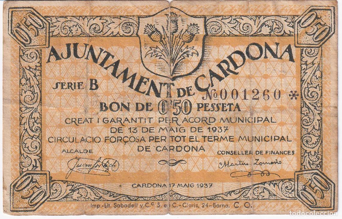 Notas locais: BILLETE DE 50 CENTIMOS DEL AJUNTAMENT DE CARDONA DEL A&Ntilde;O 1937