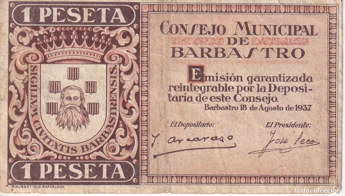Notas locais: BILLETE DE 1 PESETA DEL CONSEJO MUNICIPAL DE BARBASTRO DEL A&Ntilde;O 1937