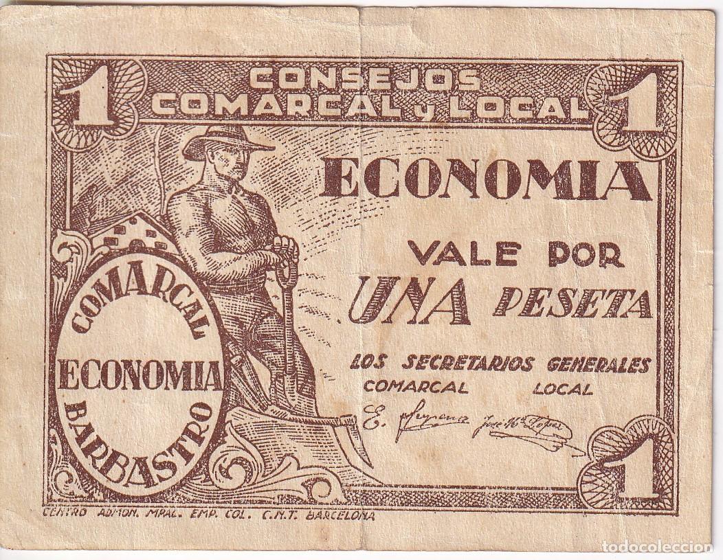 Banconote locali: BILLETE DE 1 PESETA DEL CONSEJO MUNICIPAL DE BARBASTRO DEL A&Ntilde;O 1937 (N&ordm; PEQUE&Ntilde;OS)
