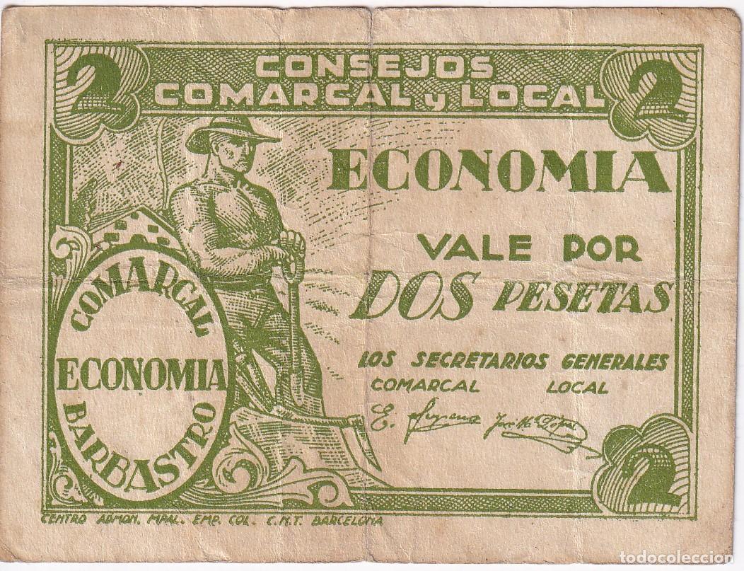 Banconote locali: BILLETE DE 2 PESETAS DEL CONSEJO MUNICIPAL DE BARBASTRO DEL A&Ntilde;O 1937 (N&ordm; GRANDES)