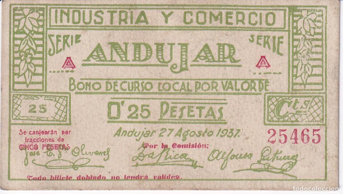 Billets locaux: BILLETE DE 25 CENTIMOS DE INDUSTRIA Y COMERCIO ANDUJAR DEL A&Ntilde;O 1937 (JAEN)