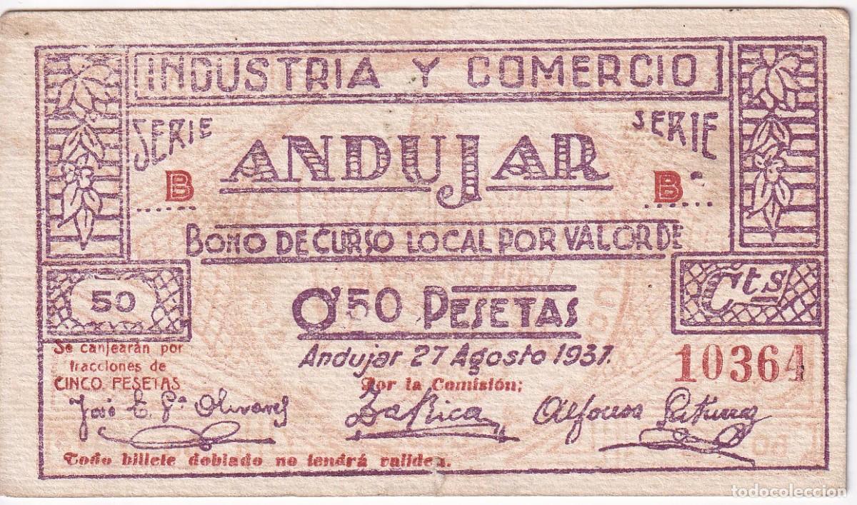 Notas locais: BILLETE DE 50 CENTIMOS DE INDUSTRIA Y COMERCIO ANDUJAR DEL A&Ntilde;O 1937 (JAEN)