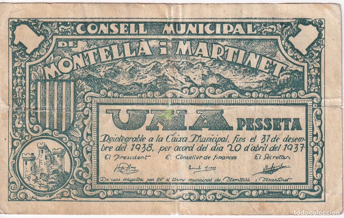 Notas locais: BILLETE DE 1 PESETA DEL CONSELL MUNICIPAL DE MONTELLA I MARTINET DEL A&Ntilde;O 1937