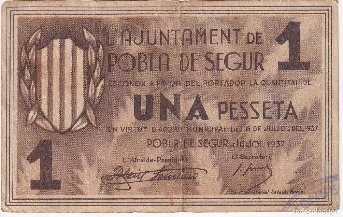 Billets locaux: BILLETE DE 1 PESETA DEL AJUNTAMENT DE LA POBLA DE SEGUR DEL A&Ntilde;O 1937