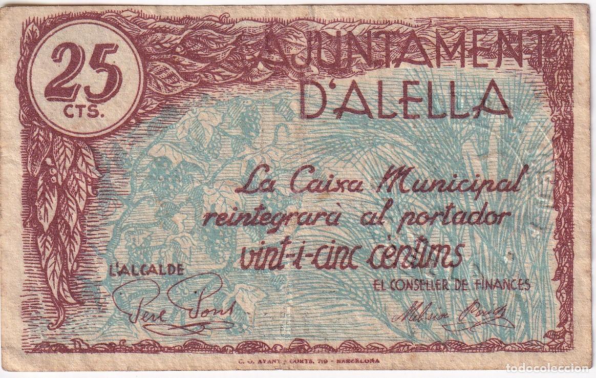 Billets locaux: BILLETE DE 25 CENTIMOS DEL AJUNTAMENT DE ALELLA DEL A&Ntilde;O 1937 CON SELLO SECO