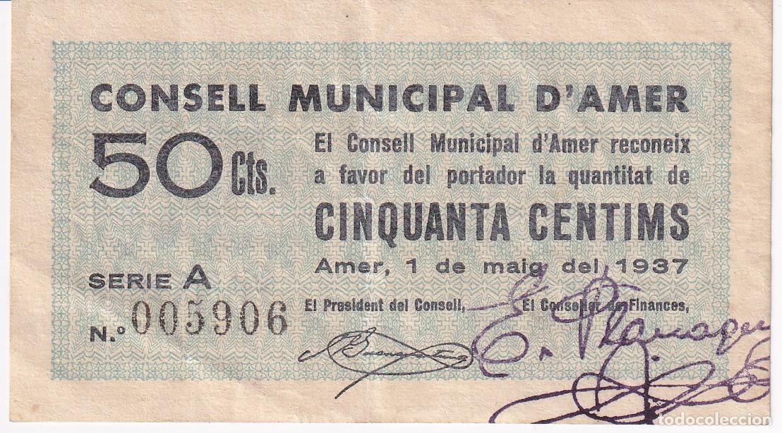 Billetes locales: BILLETE DE 50 CENTIMOS DEL CONSELL MUNICIPAL D&acute;AMER DEL A&Ntilde;O 1937
