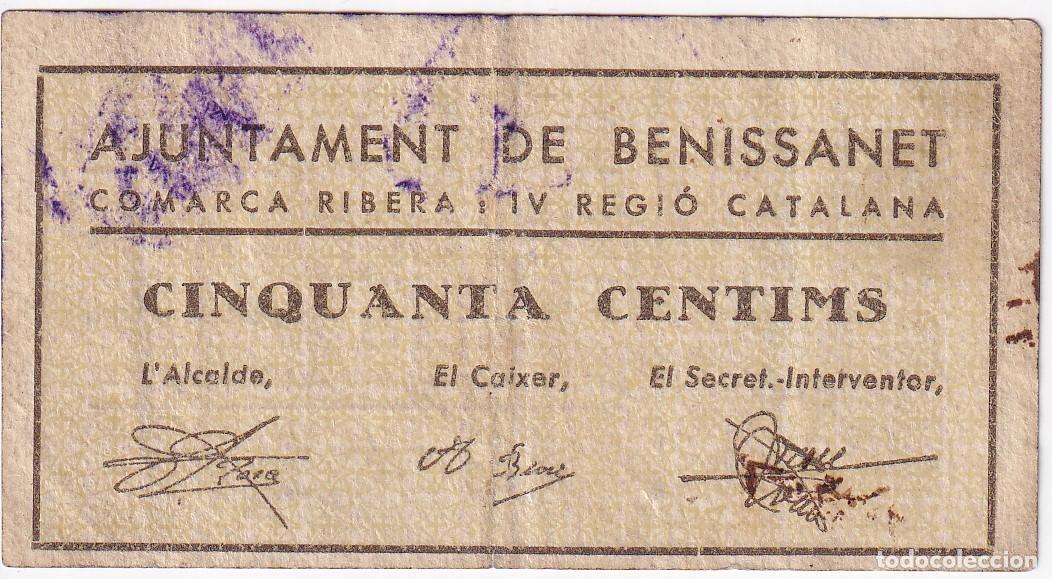 Billetes locales: BILLETE DE 50 CENTIMOS DEL AJUNTAMENT DE BENISSANET DEL A&Ntilde;O 1937