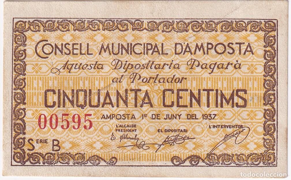 Billetes locales: BILLETE DE 50 CENTIMOS DEL CONSELL MUNICIPAL D&acute;AMPOSTA DEL A&Ntilde;O 1937