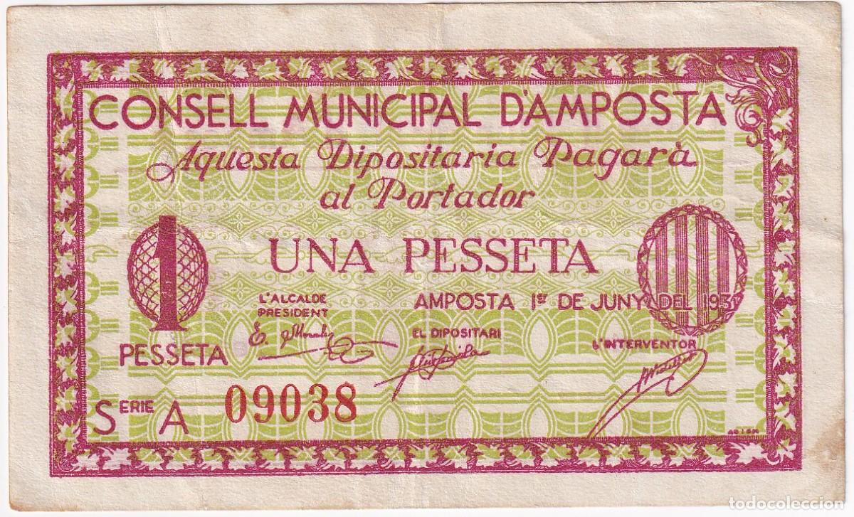 Billetes locales: BILLETE DE 1 PESETA DEL CONSELL MUNICIPAL D&acute;AMPOSTA DEL A&Ntilde;O 1937