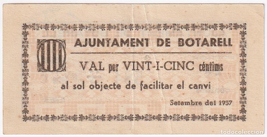Billetes locales: BILLETE DE 25 CENTIMOS DEL AJUNTAMENT DE BOTARELL DEL A&Ntilde;O 1937