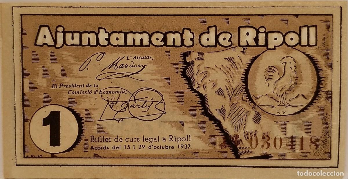 Billetes locales: BILLETE LOCAL DE 1 PESETA RIPOLL(SELLO EN SECO) 1937 GUERRA CIVIL
