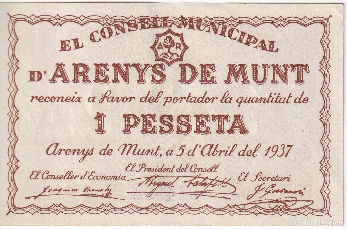 Billetes locales: BILLETE DE 1 PESETA DEL CONSELL MUNICIPAL DE ARENYS DE MUNT DEL A&Ntilde;O 1937