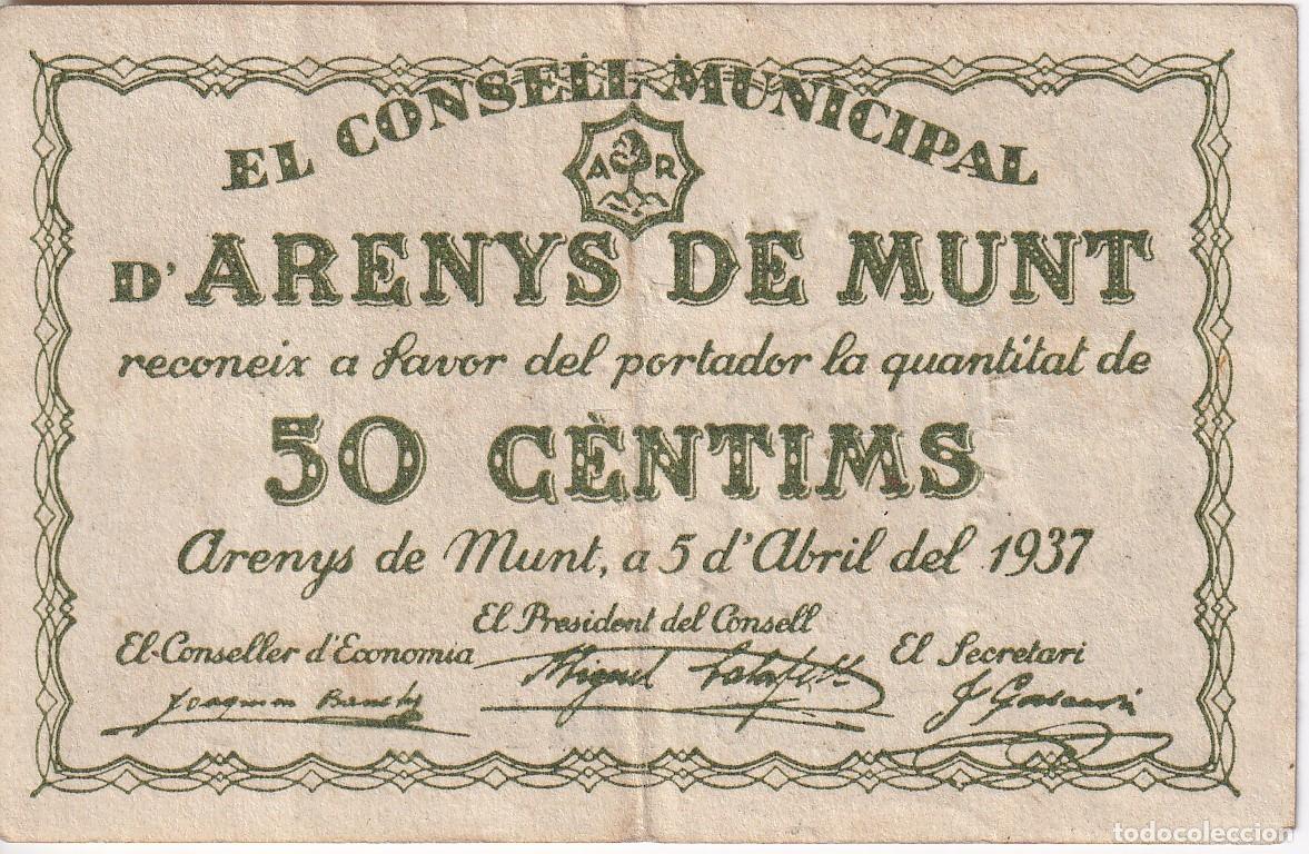 Billetes locales: BILLETE DE 50 CENTIMOS DEL CONSELL MUNICIPAL DE ARENYS DE MUNT DEL A&Ntilde;O 1937