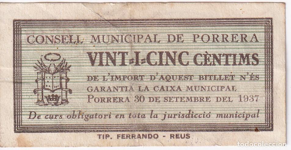 Billetes locales: BILLETE DE 25 CENTIMOS DEL CONSELL MUNICIPAL DE PORRERA DEL A&Ntilde;O 1937