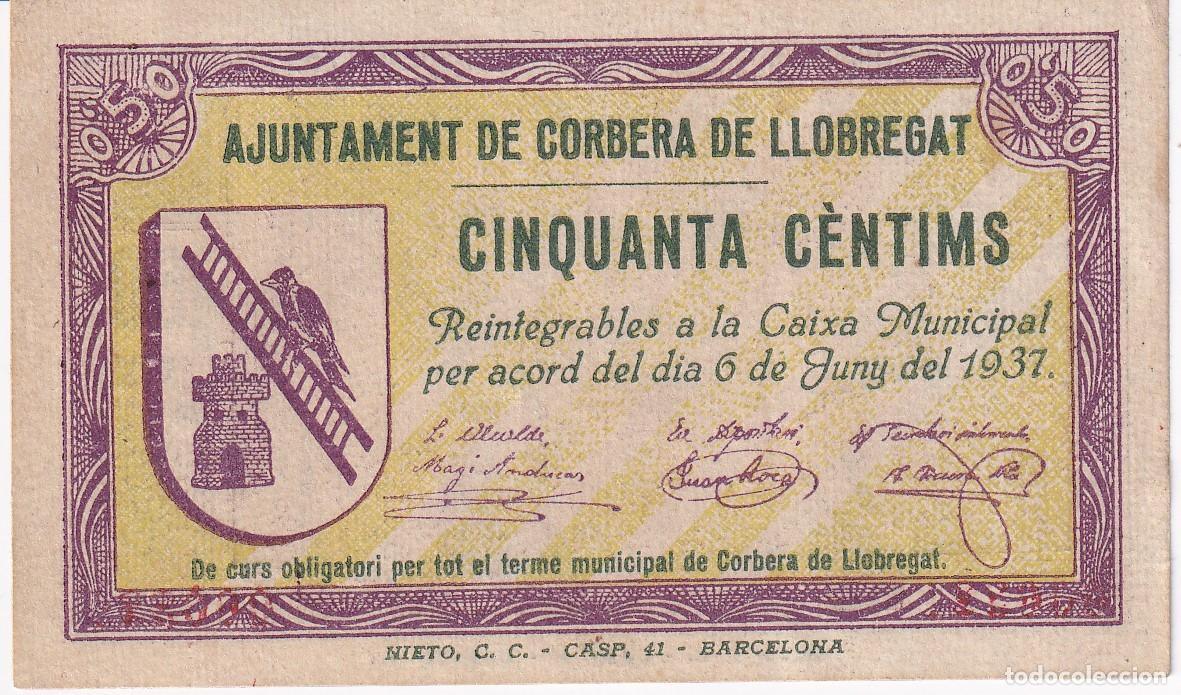 Billetes locales: BILLETE DE 50 CENTIMOS DEL AJUNTAMENT DE CORBERA DE LLOBREGAT DEL A&Ntilde;O 1937