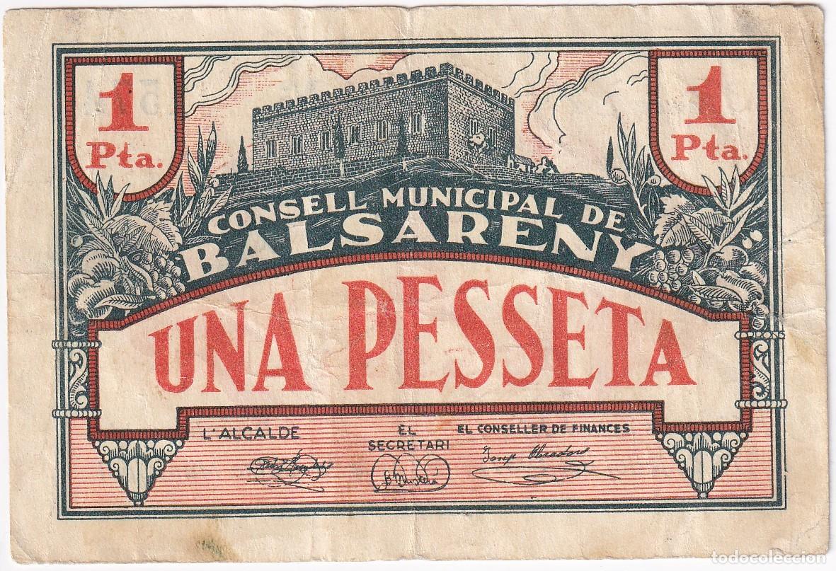 Billetes locales: BILLETE DE 1 PESETA DEL CONSELL MUNICIPAL DE BALSARENY DEL A&Ntilde;O 1937