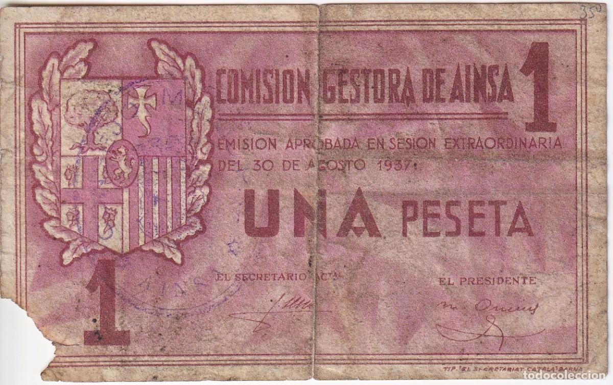 Billetes locales: BILLETE DE 1 PESETA DE LA COMISION GESTORA DE AINSA DEL A&Ntilde;O 1937 (HUESCA)