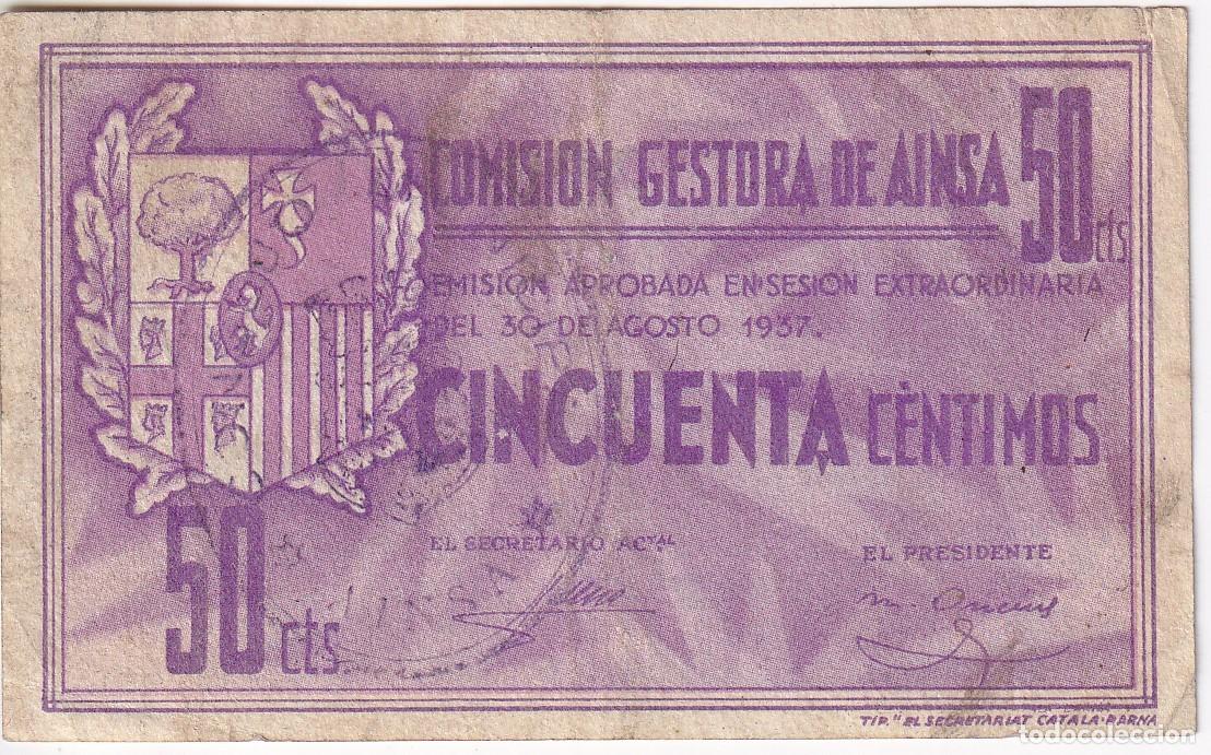 Billetes locales: BILLETE DE 50 CENTIMOS DE LA COMISION GESTORA DE AINSA DEL A&Ntilde;O 1937 (HUESCA)