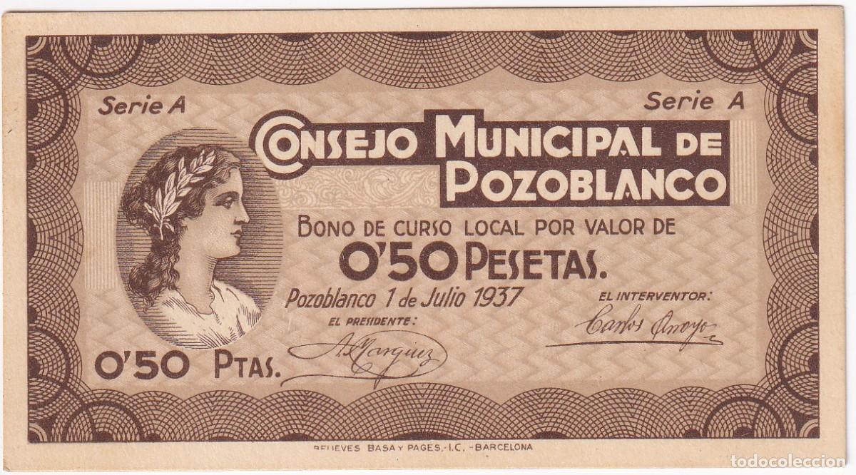 Billetes locales: BILLETE DE 50 CENTIMOS DEL CONSEJO MUNICIPAL DE POZOBLANCO DEL A&Ntilde;O 1937 SIN NUMERACION (CORDOBA)